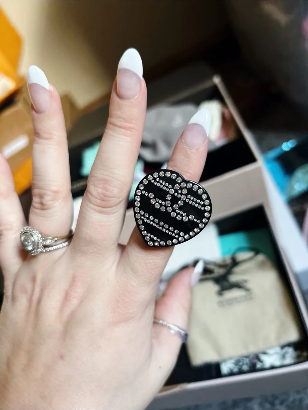 Authentic CHANEL Rare Vintage CC 2009 Large Black Heart Crystal Lucite Ring